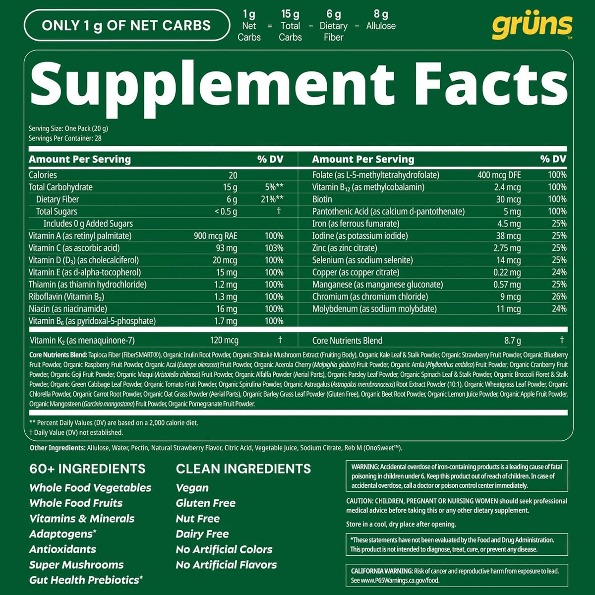 Gruns Adult Greens Gummies  Multivitamin & Prebiotic Fiber, 28 ct