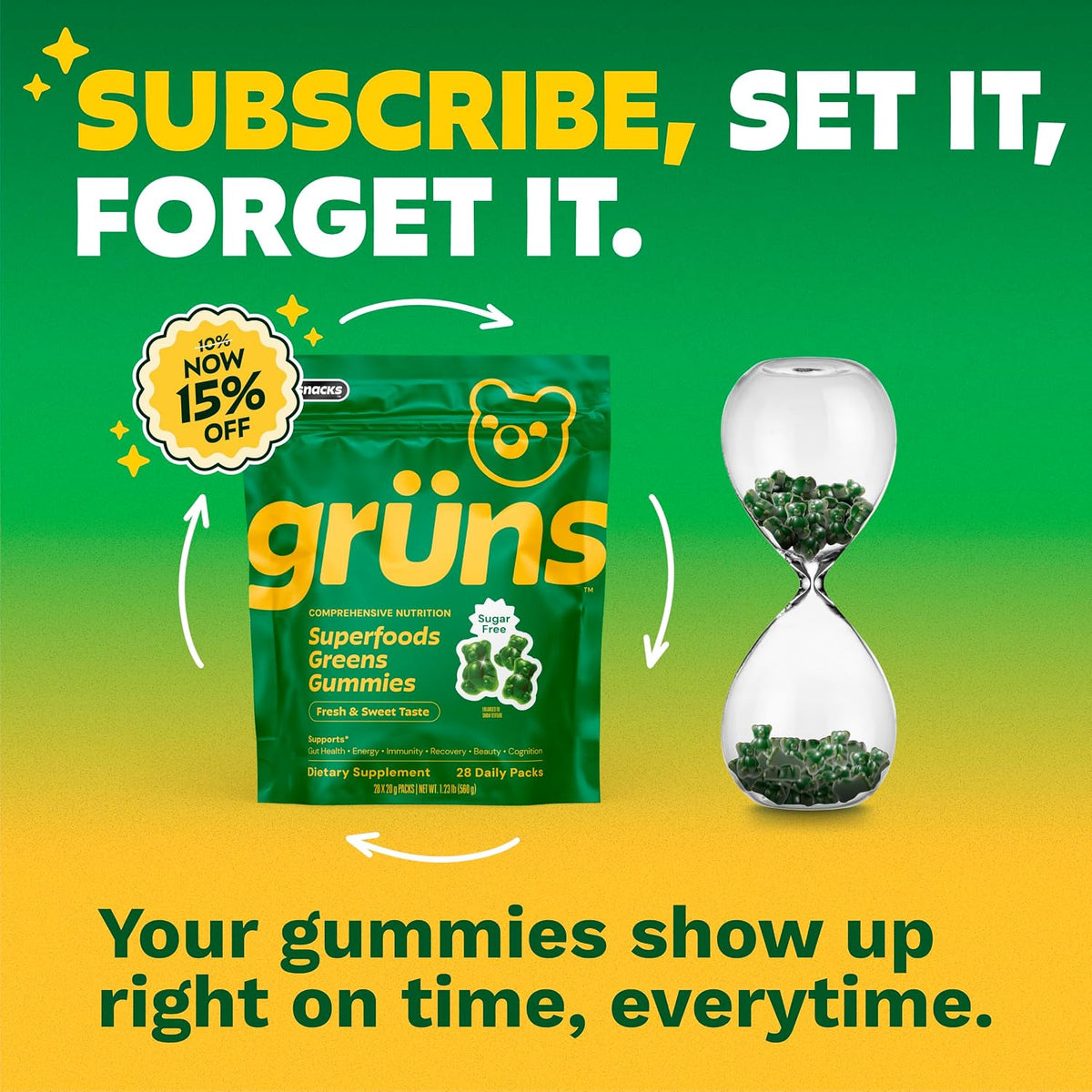 Gruns Adult Greens Gummies  Multivitamin & Prebiotic Fiber, 28 ct